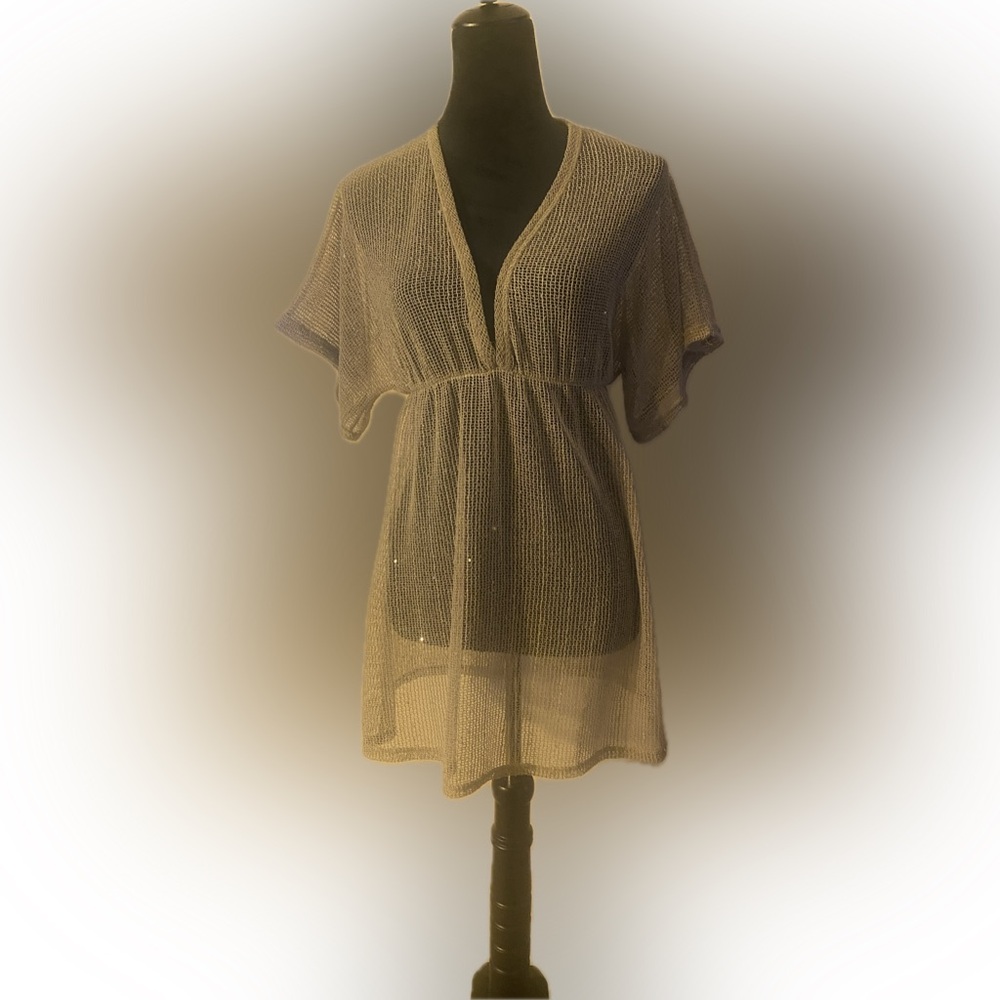 Beige sand colored V-neck beach cover with gold sparkles Size M great condition